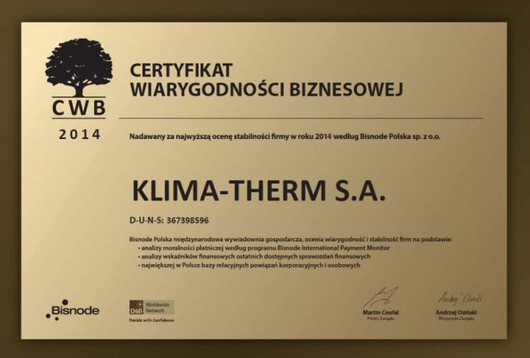 Firma KLIMA-THERM wyróżniona prestiżowym certyfikatem