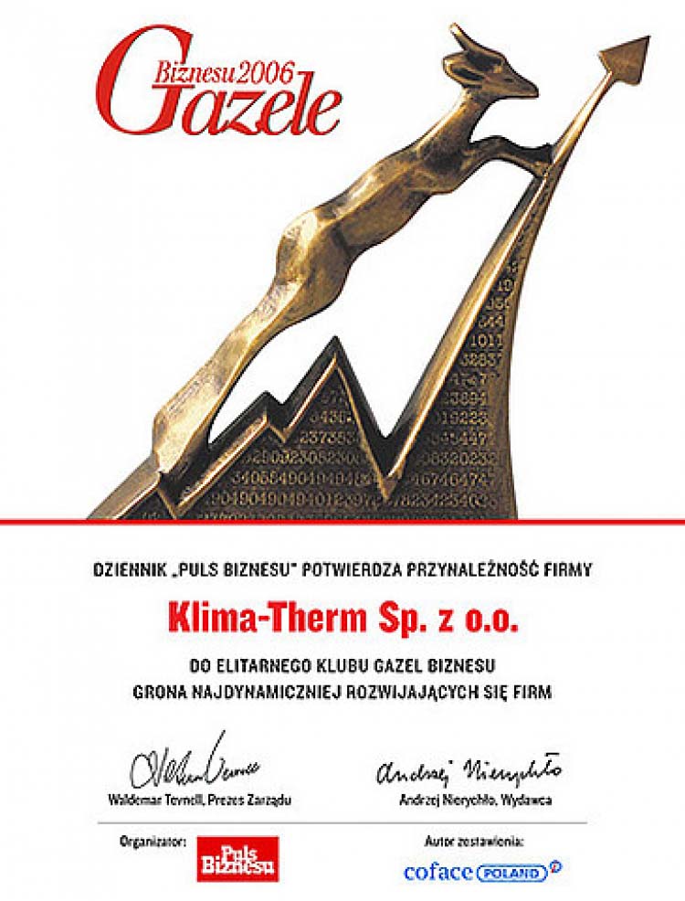 Klima-Therm Sp. z o.o. - laureatem wyróżnienia Gazele Biznesu 2006